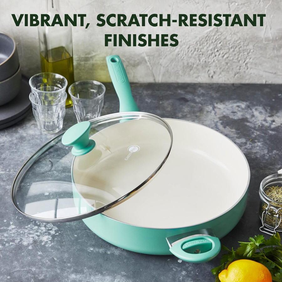 GreenPan Rio Ceramic Nonstick 5-Quart Saute Pan w/Lid Dishwasher Safe, Turquoise