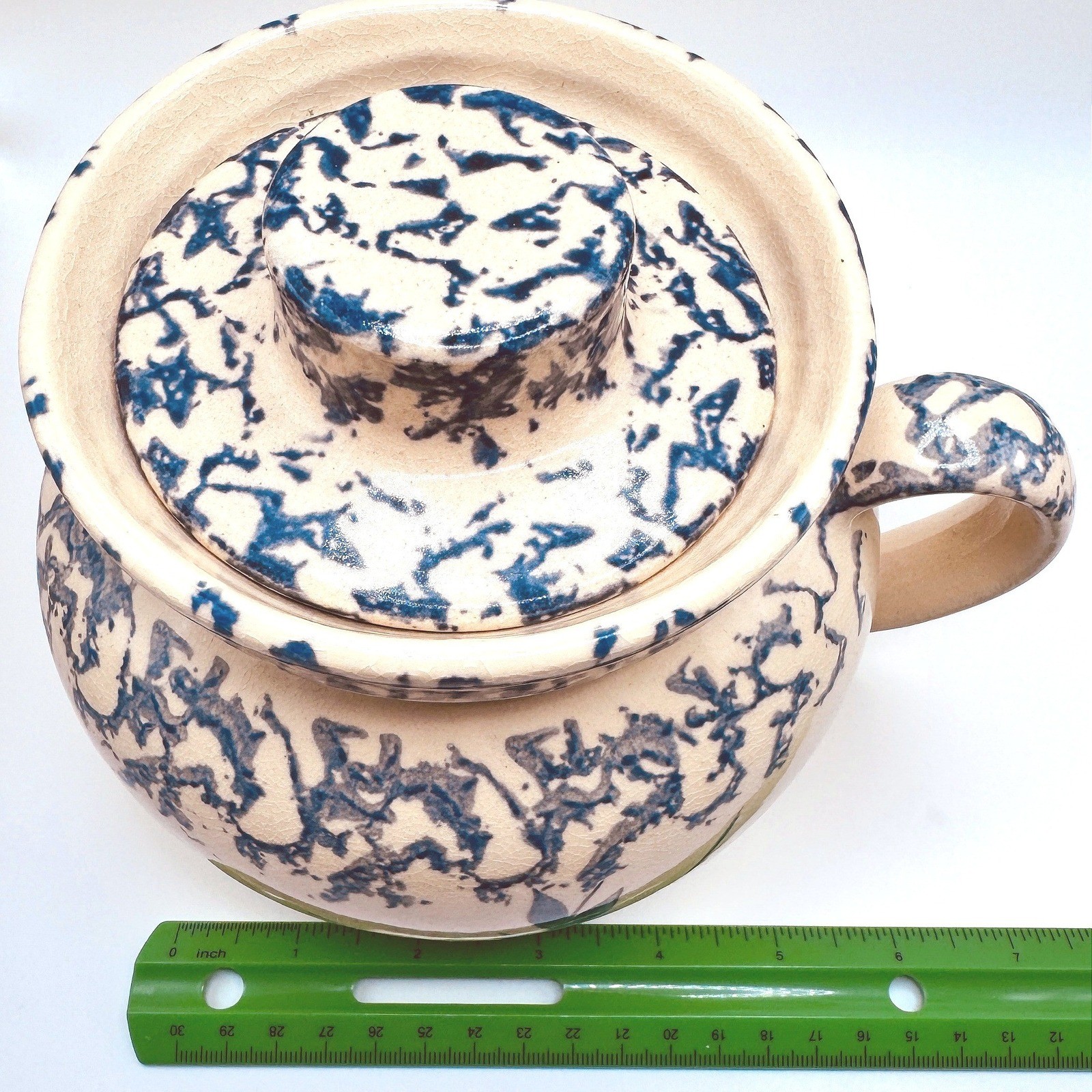 Robinson Ransbottom Spongeware Pottery Bean Crock Cookie Jar Blue Roseville USA