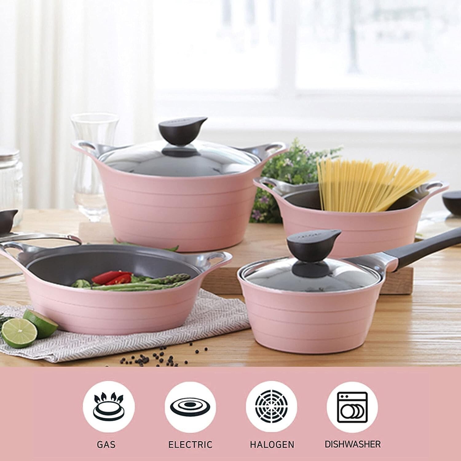 Neoflam Eela Pink 8pc Nonstick Kitchen Cookware Pot with Lid Pan, Made in Korea