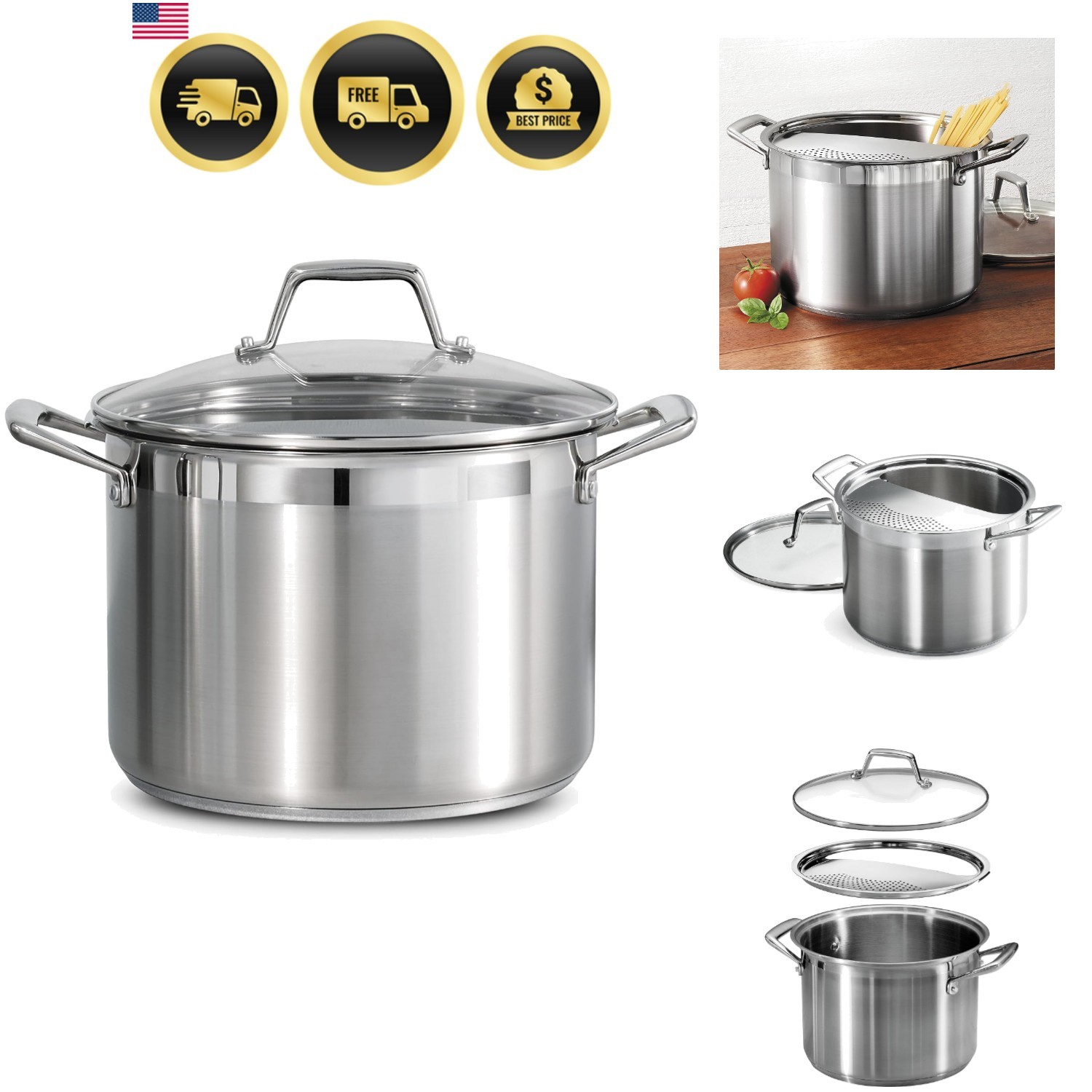 Stainless Steel Pasta Pot 8 Quart Lock Drain Strainer Lid Dishwasher Safe