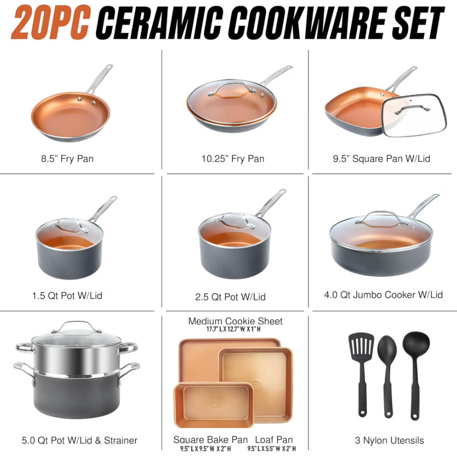 Gotham Steel TRUE VALUE 20 Pc Nonstick Ceramic Cookware Set Copper Bakeware
