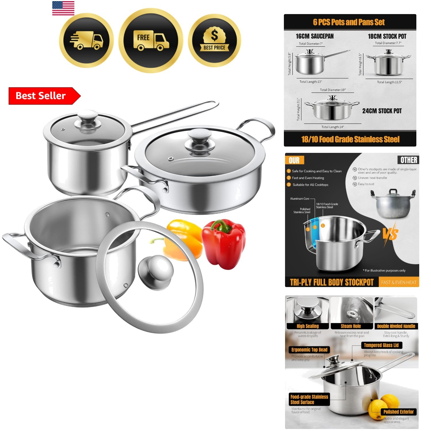 Stainless Steel pots and pans set, 6 Piece Nonstick Kitchen Induction Cookwar…