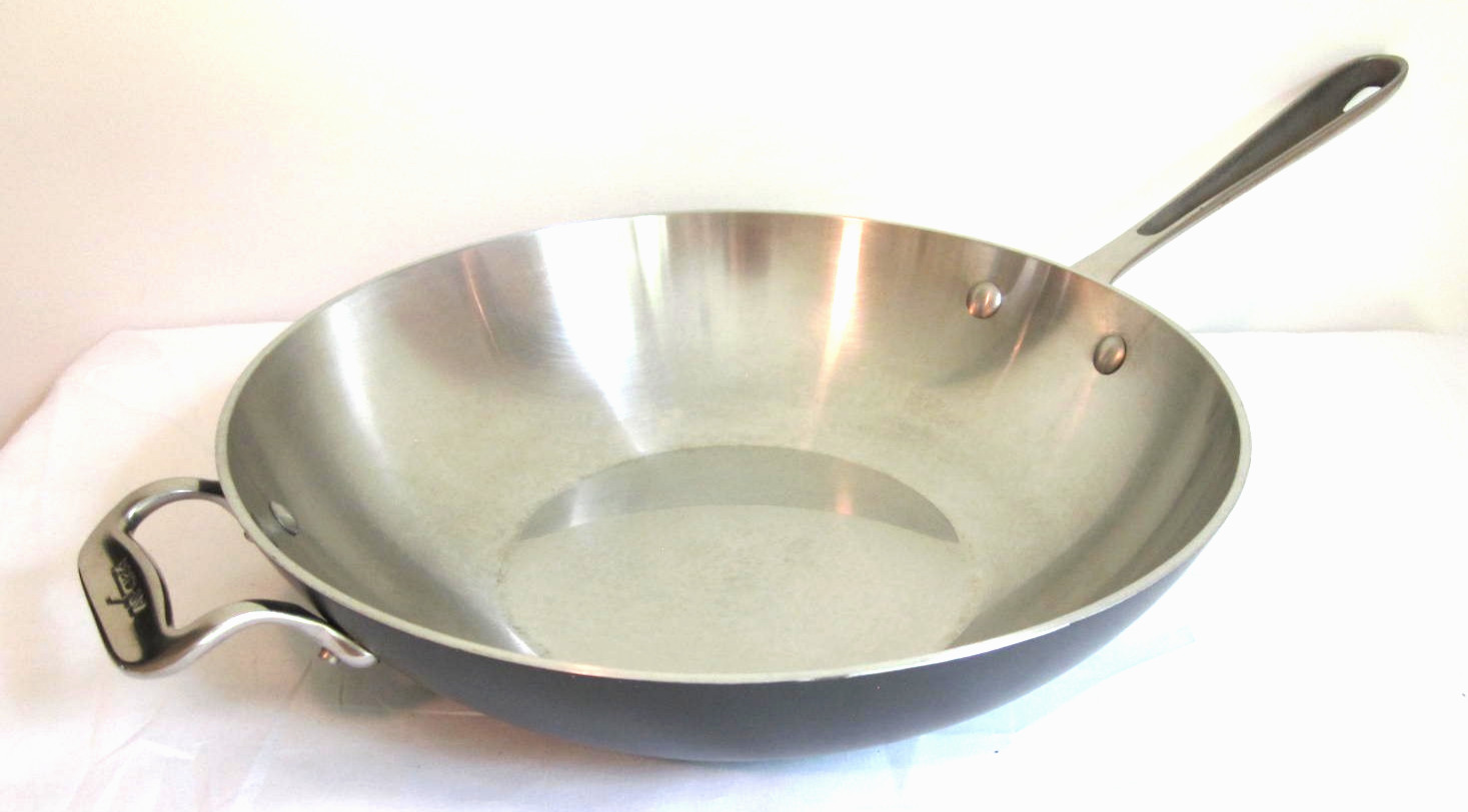 All Clad LTD 12 Stainless Steel Stir Fry Wok Pan Flat Bottom Beautiful Condition