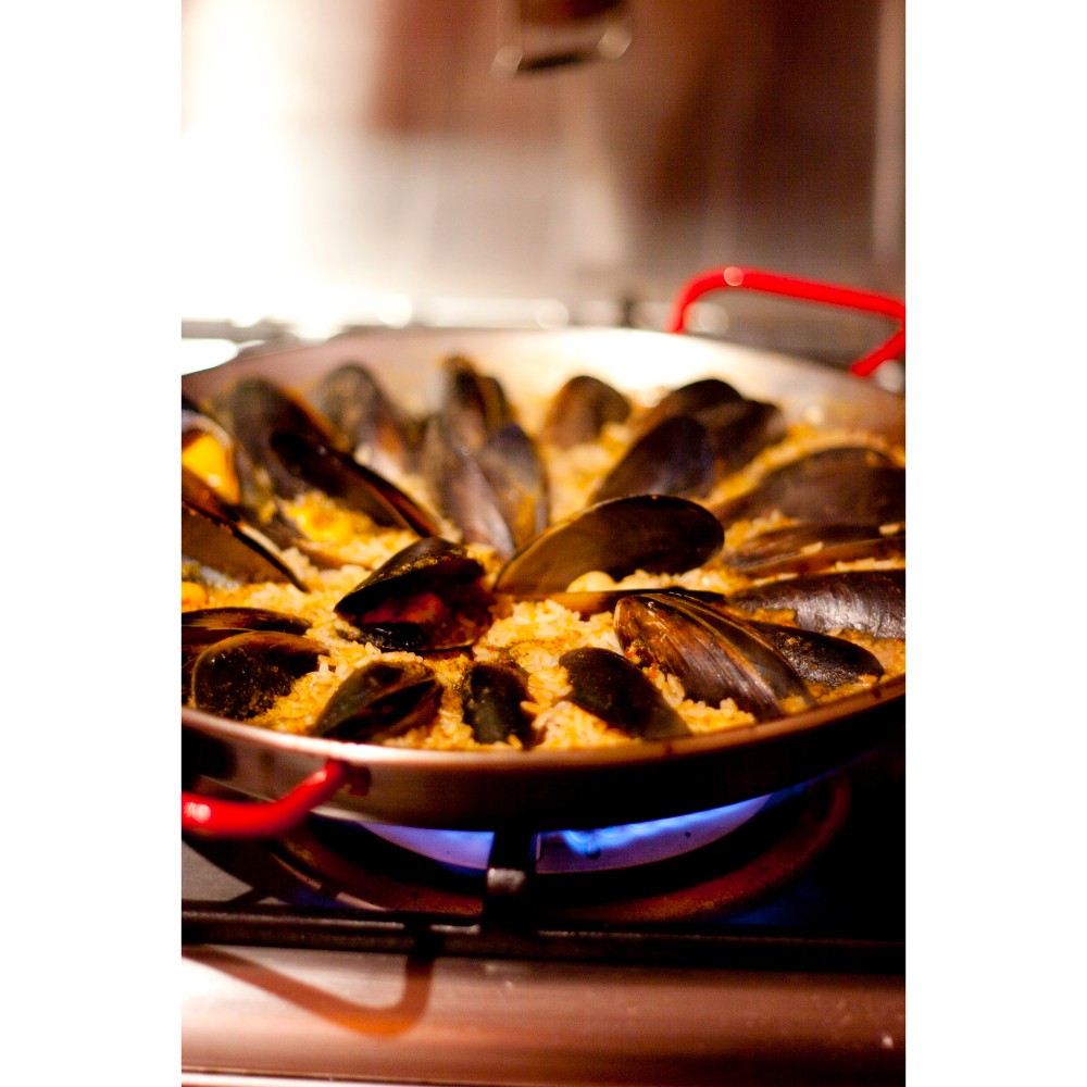 Garcima High Carbon Polished Paella Pan with Red Handles 34cm