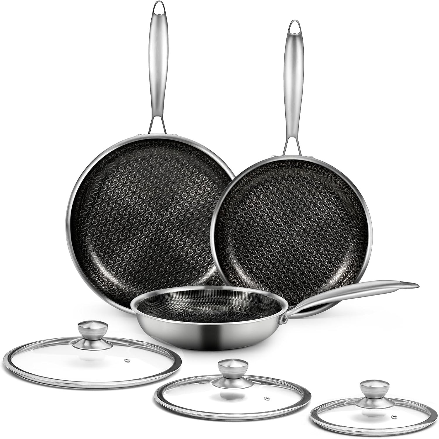 6-Piece Honeycomb Nonstick Stainless Steel Frying Pan Set with Lids