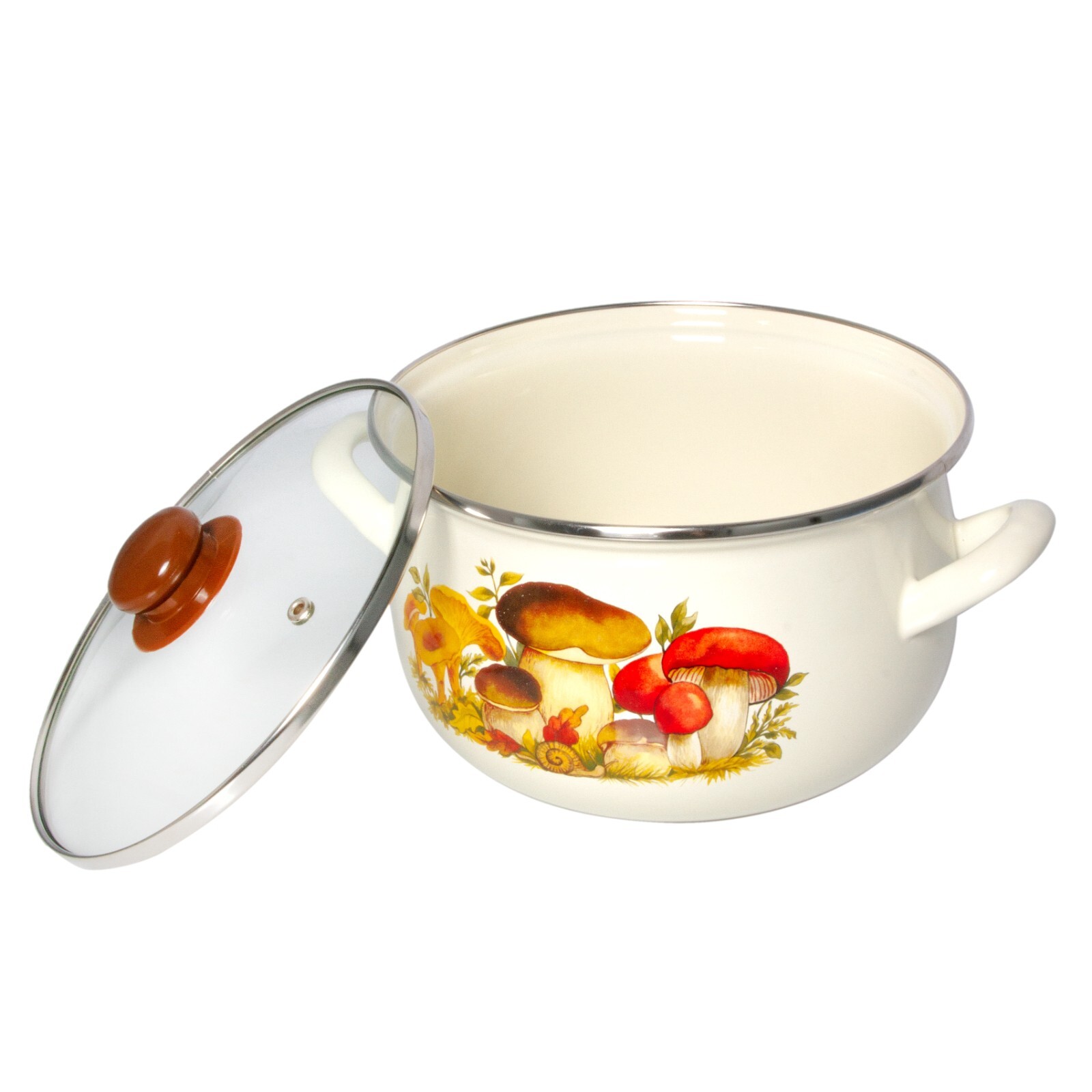 MUSHROOMS Enamelware Stockpot with Glass Lids, Enameled Cooking Pot 6.5 qt
