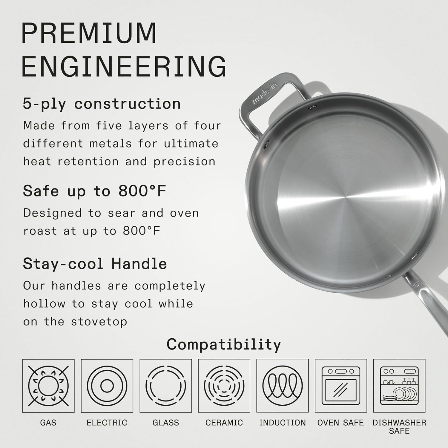 Professional 3.5 Quart Stainless Steel Saute Pan – Induction Ready, Italy Made