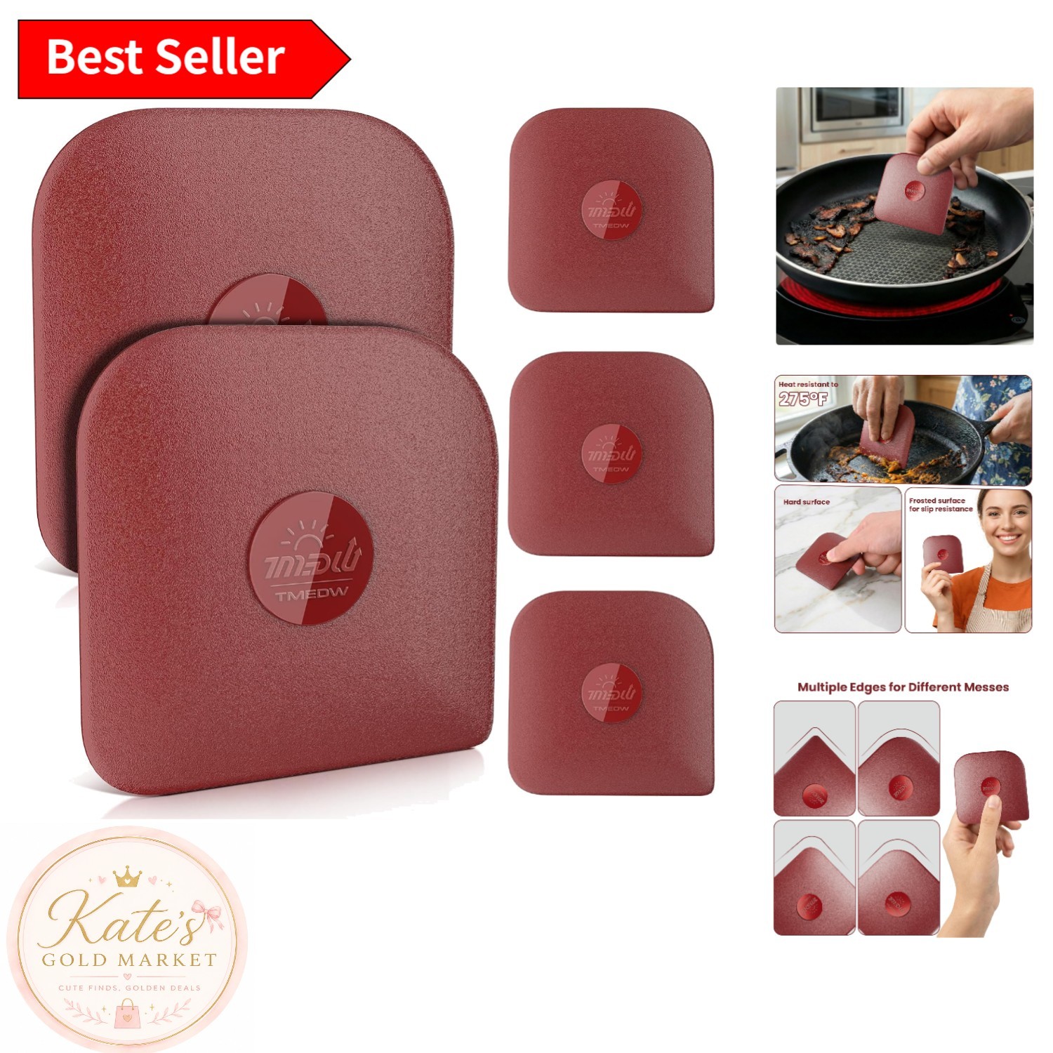 5-Pcs Non-Slip Pan Scraper Set – Ergonomic Kitchen Tool, Red Heat Resistant
