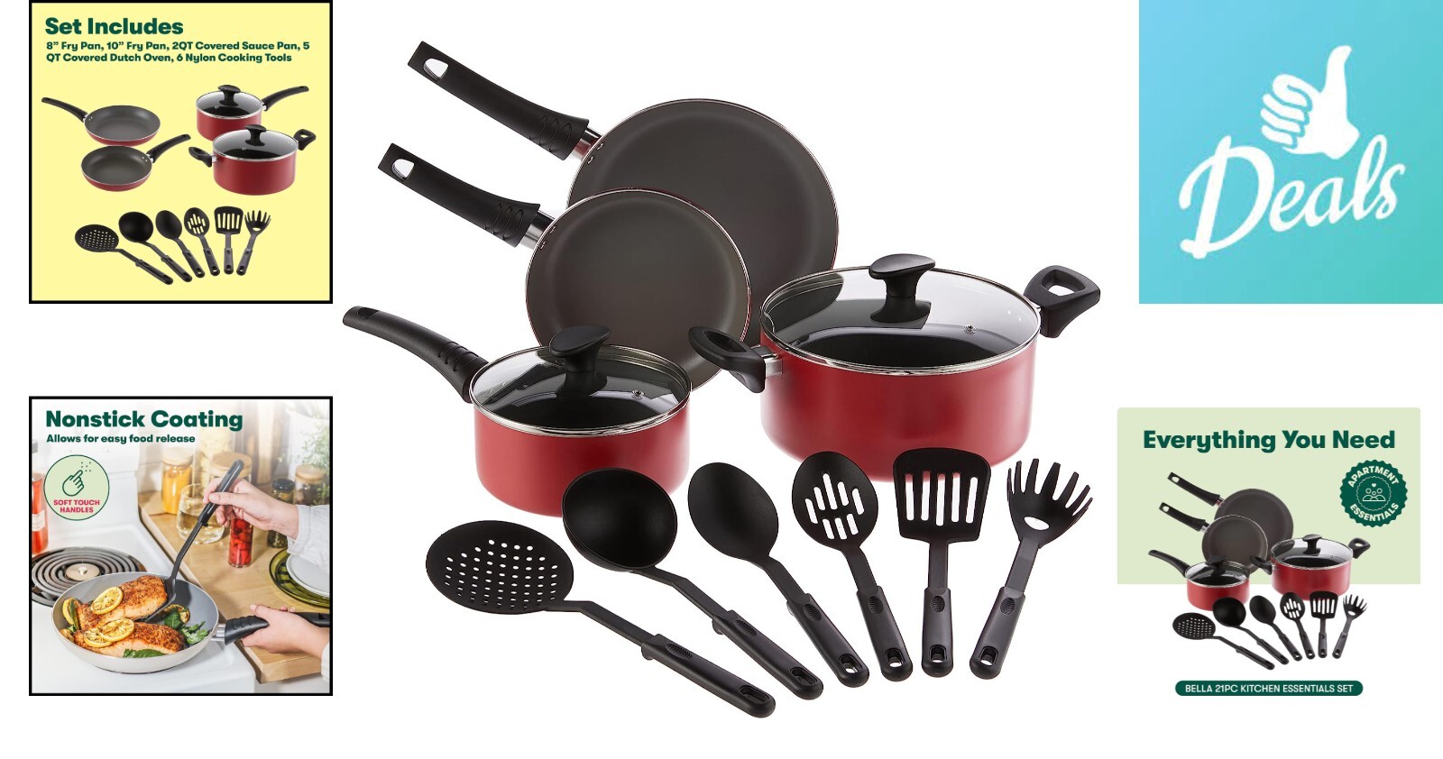 12 Piece Nonstick Cookware Set with Utensils – Compatible with All Stoves – Red