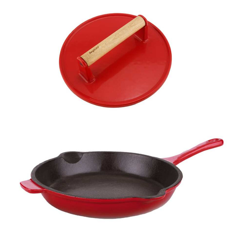 BergHOFF Neo 2pc Cast Iron 10″ Fry Pan with Steak Press, Red