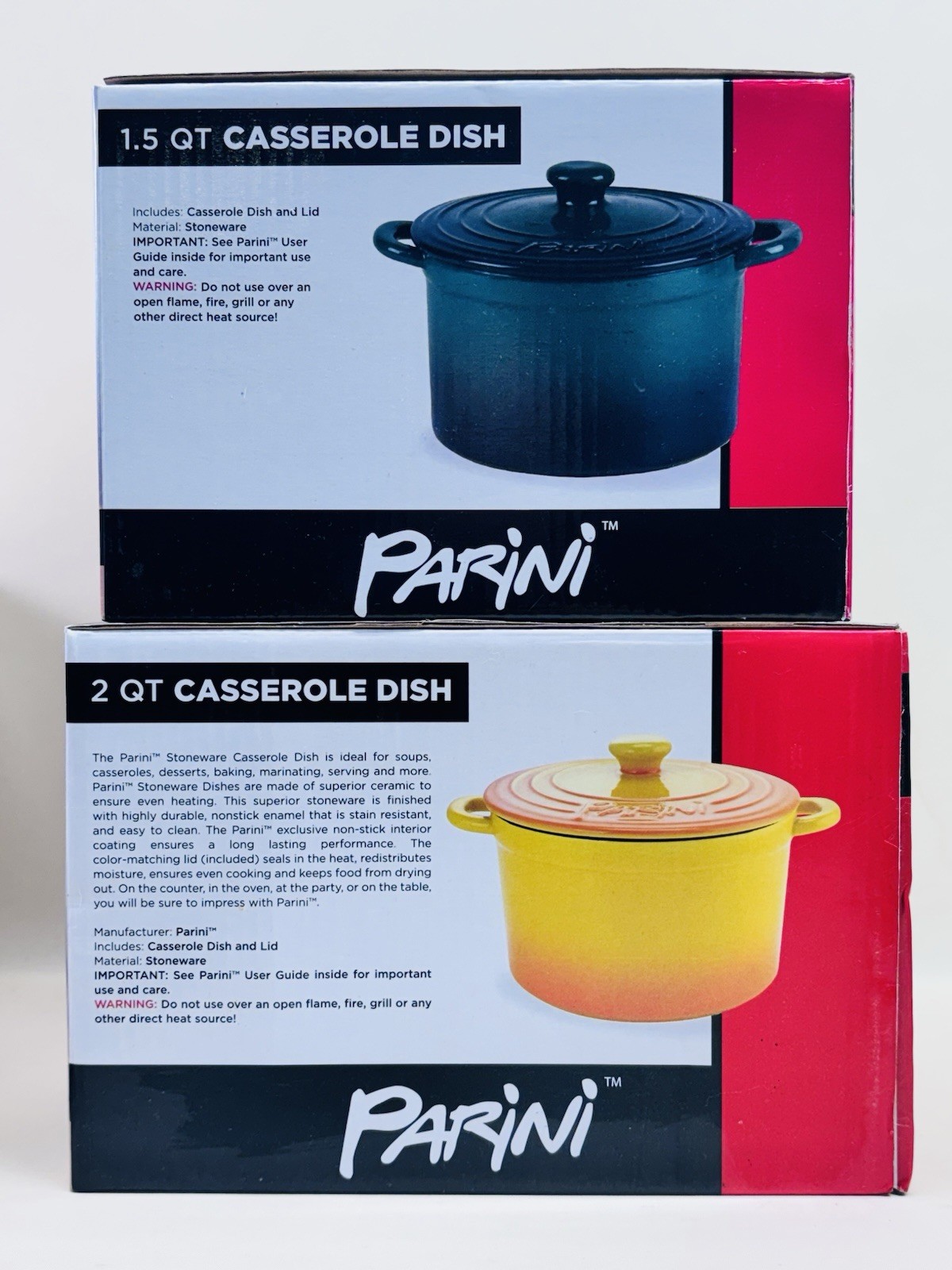 Parini Stoneware Casserole Dish Set 2 Qt 1.5 Qt w Lids New In Box Lot 2