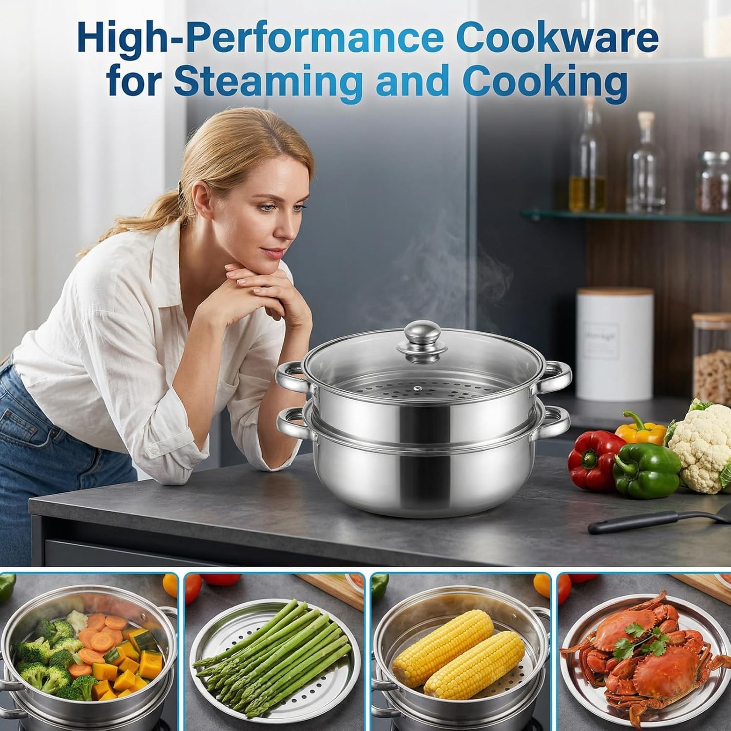 Steamer Pot With Lid 2 Tier, Multipurpose Stainless Steel Steaming Pot