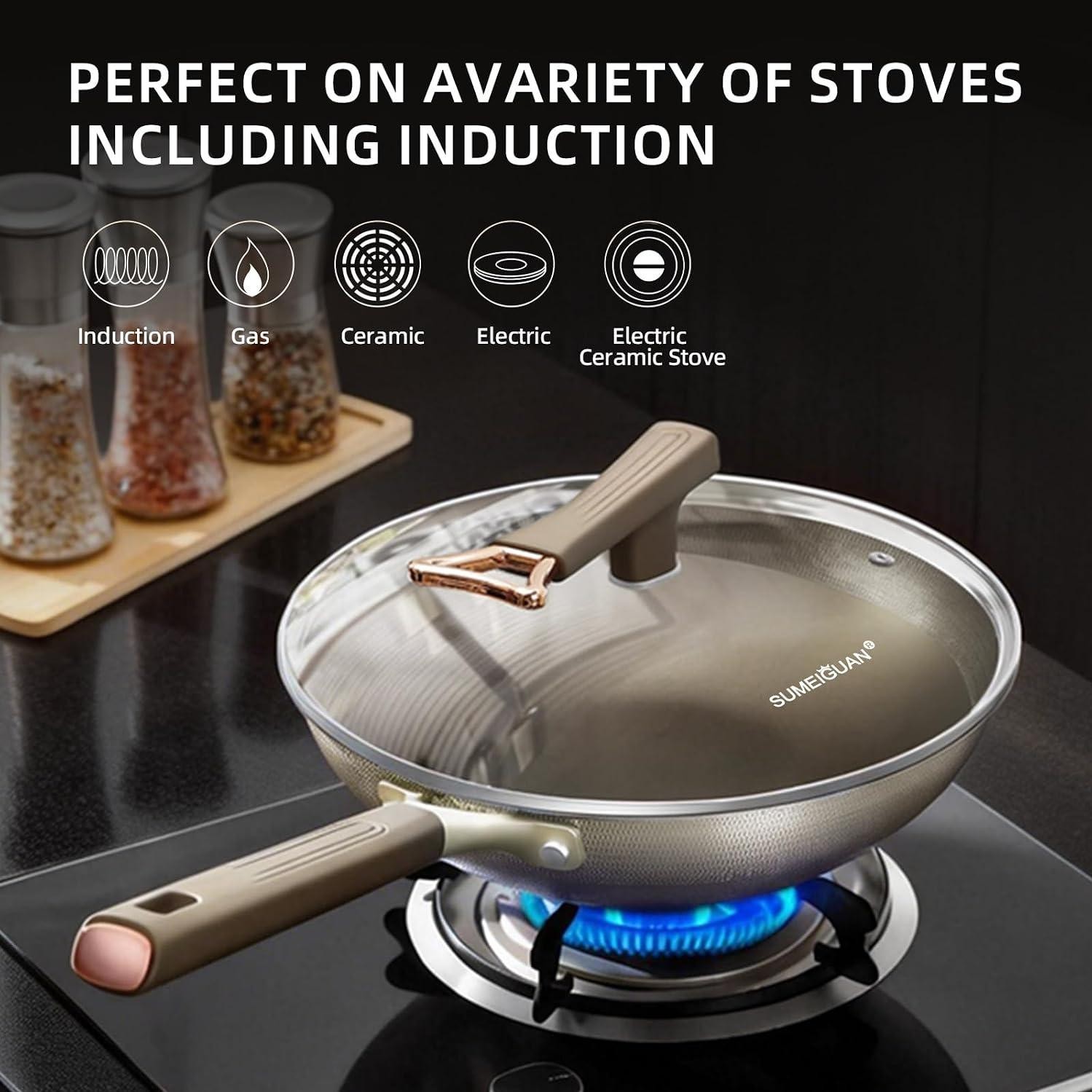 13″ Titanium Wok Pan with Lid,Non-stick Flat Bottom Titanium | PFAS & PFOA