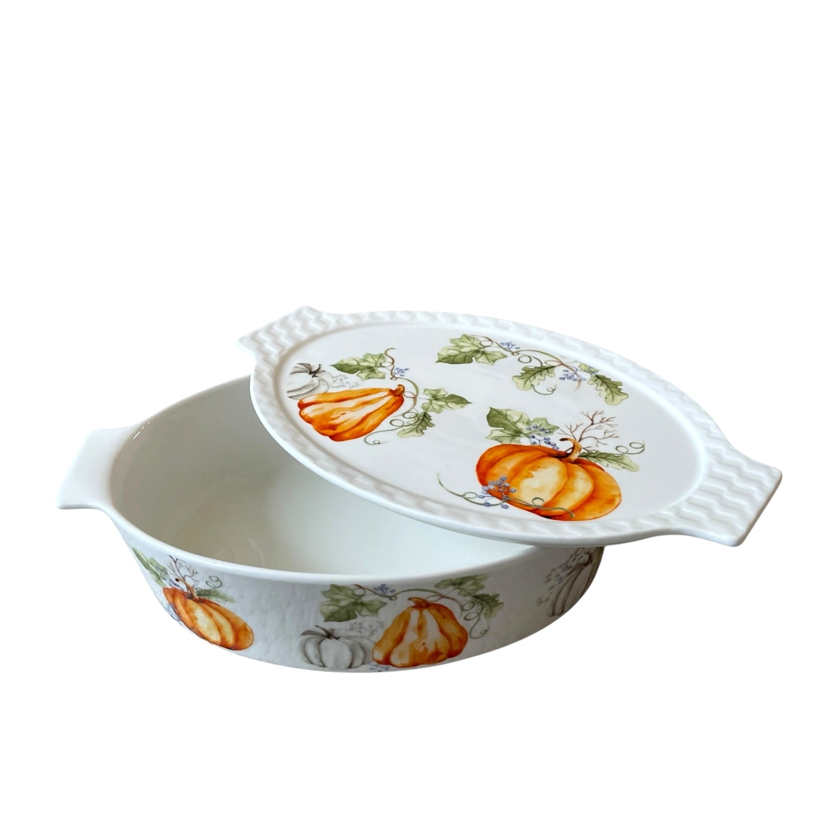 Grace Pantry Oval Oven Safe Baker Casserole w/ Lid 11in Fall Thanksgiving NEW