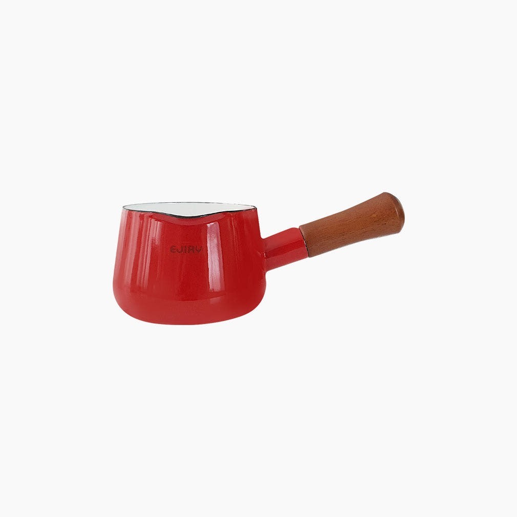 EJIRY Enamel Milk Pan 12cm Induction Saucepan 0.8L Pour Spout Red Blue