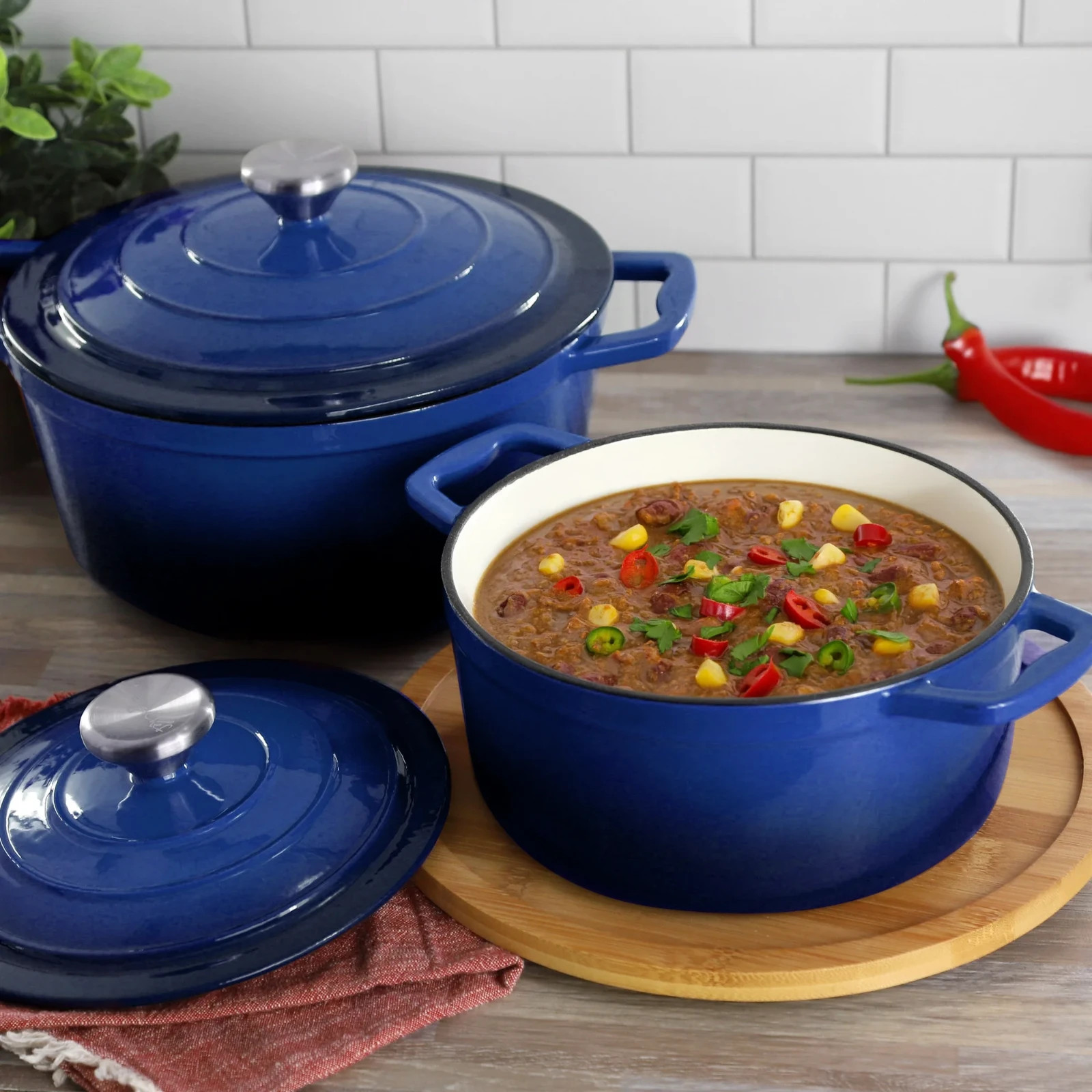MegaChef 2.7 Quart Round Enameled Cast Iron Casserole in Gradient Dark Blue