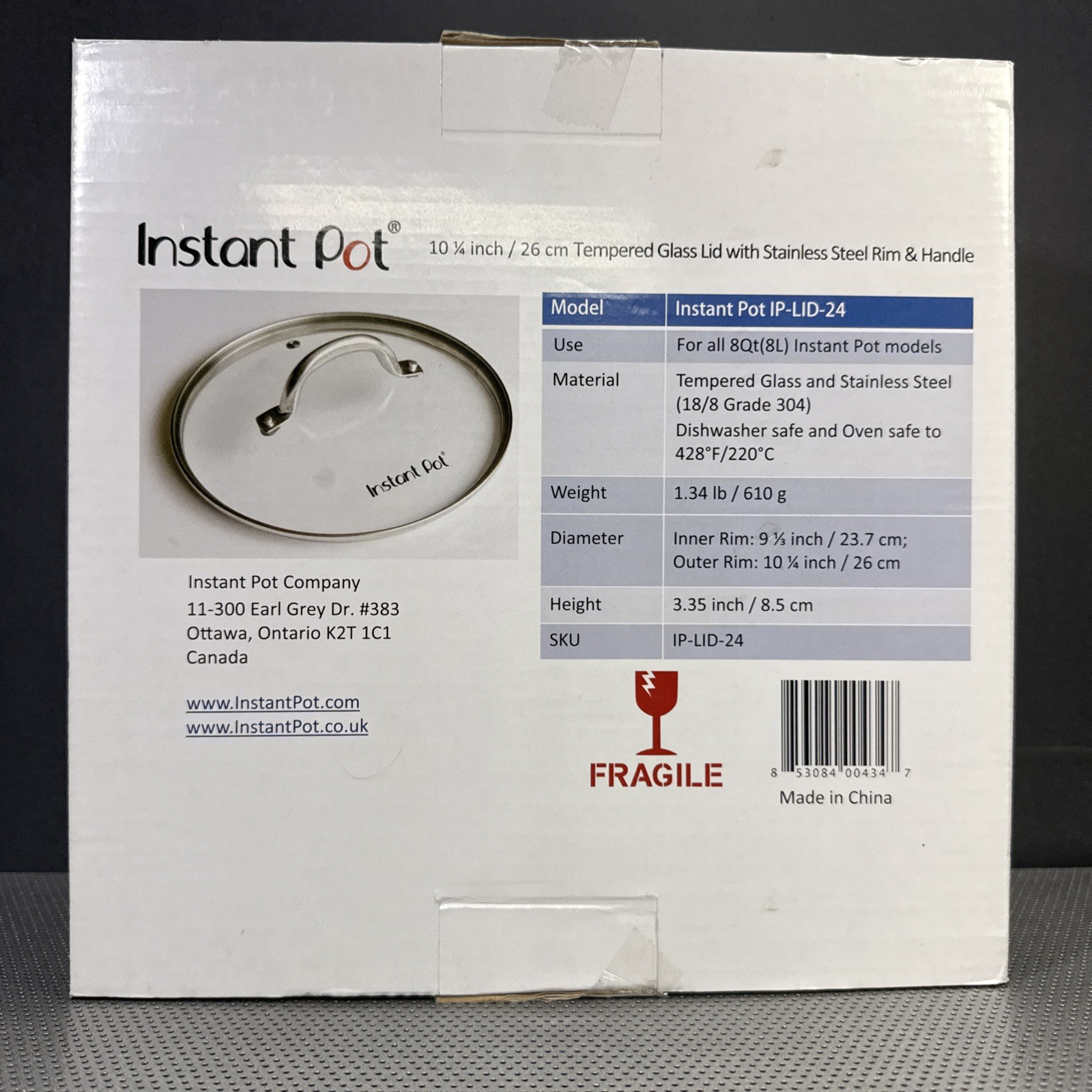 OEM INSTA POT Tempered Glass Lid, 10.2-In, 8-Qt, Stainless Steel Handle NEW