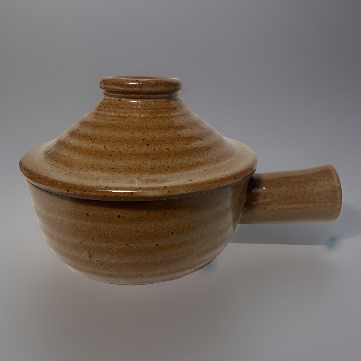 Vintage Brown Stoneware Crock Onion Soup Bowl Handle And Vented Lid