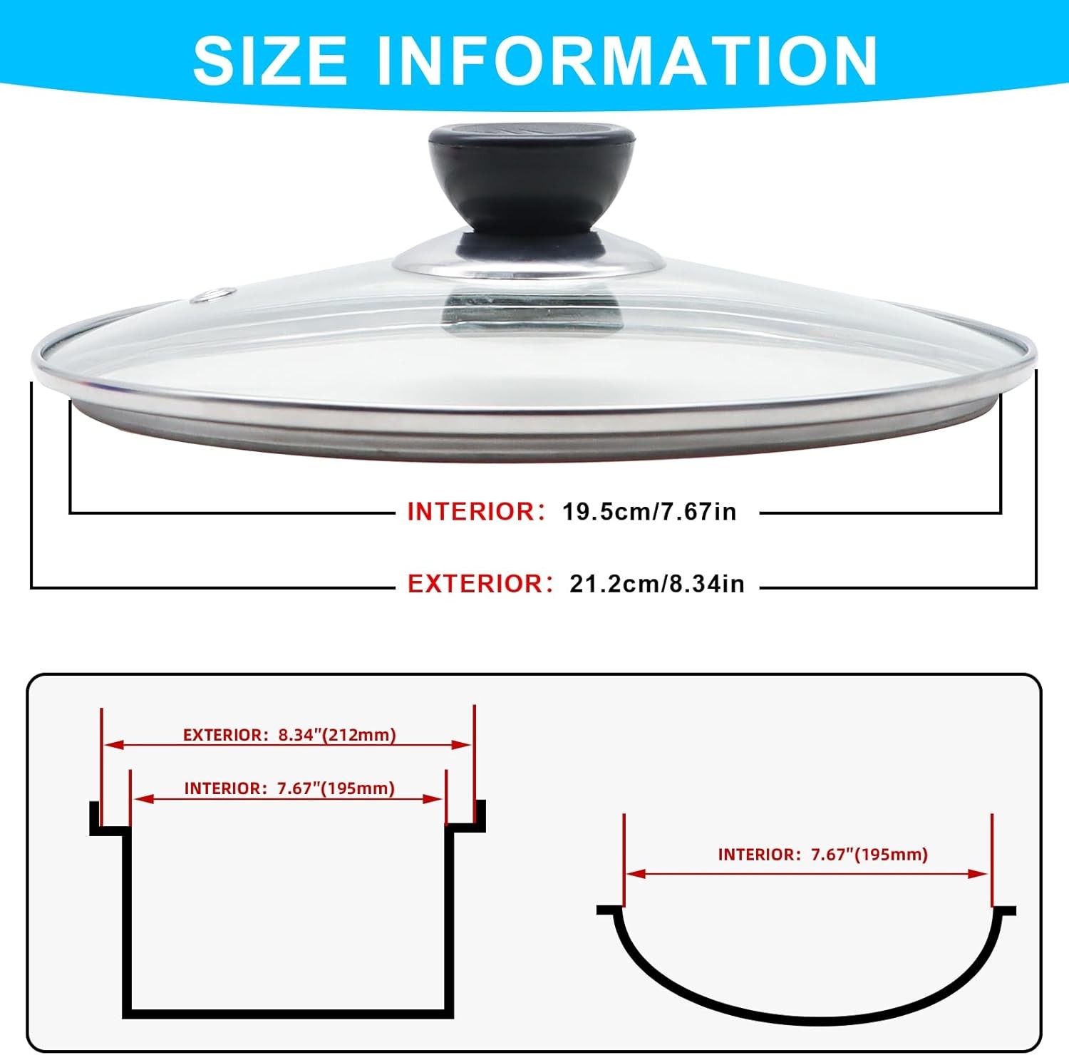 Glass Lid for Frying Pan Tempered Glass Pot Lid with Stainless Steel Rim for 8