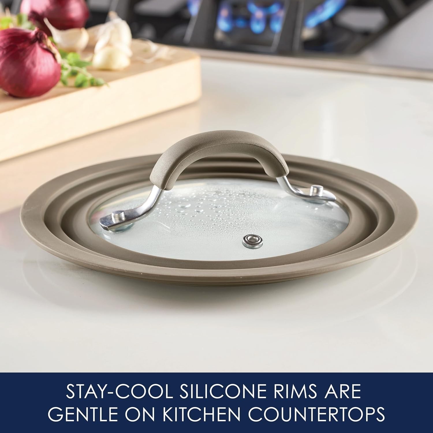 8.5″ Universal Glass Lid Silicone Rim Heat Resistant Taupe