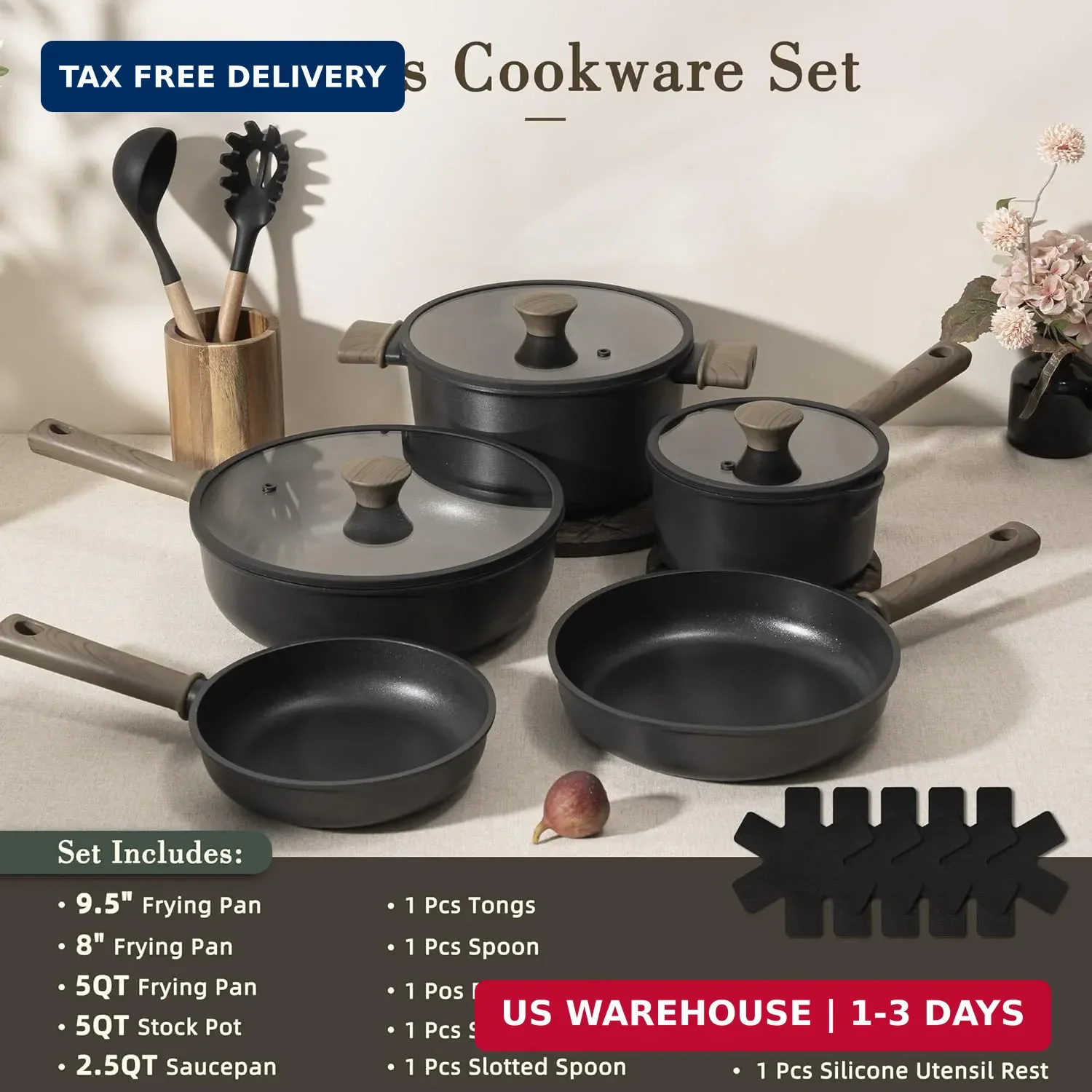 Astercook 19 Pcs Pots and Pans Set Non Stick, Black Titanium Induction Kitchen C