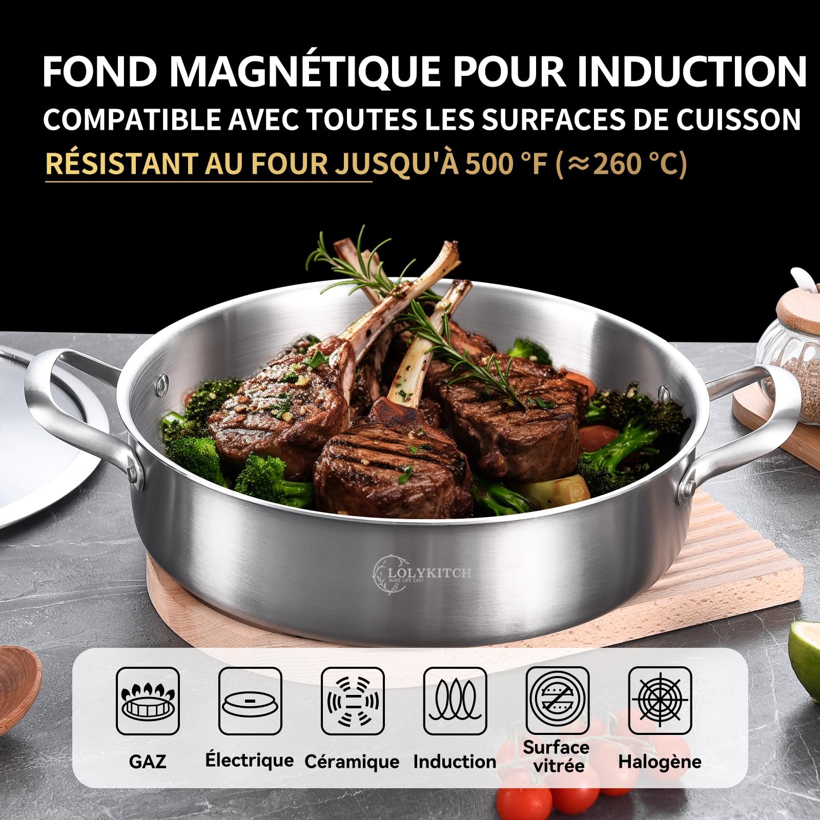 LOLYKITCH 3 Quarts Tri-Ply Stainless Steel Sauté Pan wih Lid,10 Inch Induction C