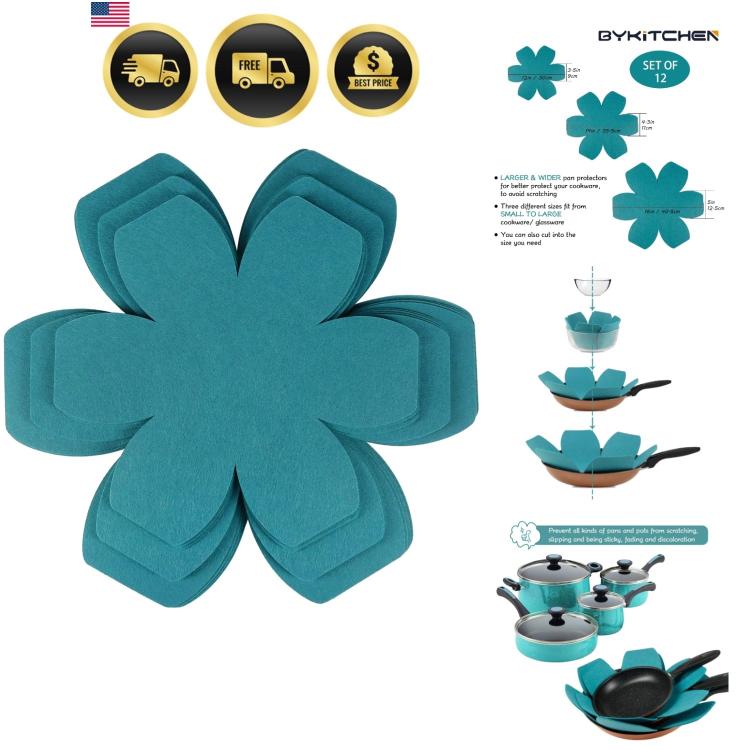 Pot Pan Protectors Set of 12 with 3 Sizes Thick Felt Stackable Protectors
