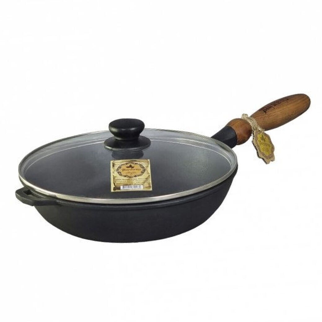 11″ Maysternya Ukraine Cast Iron Fry Pan Skillet w/Wooden Handle and Glass Lid