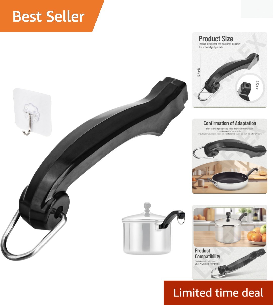 Short Saucepan Handle Replacement, Fits Various Pans with Wrench Hook