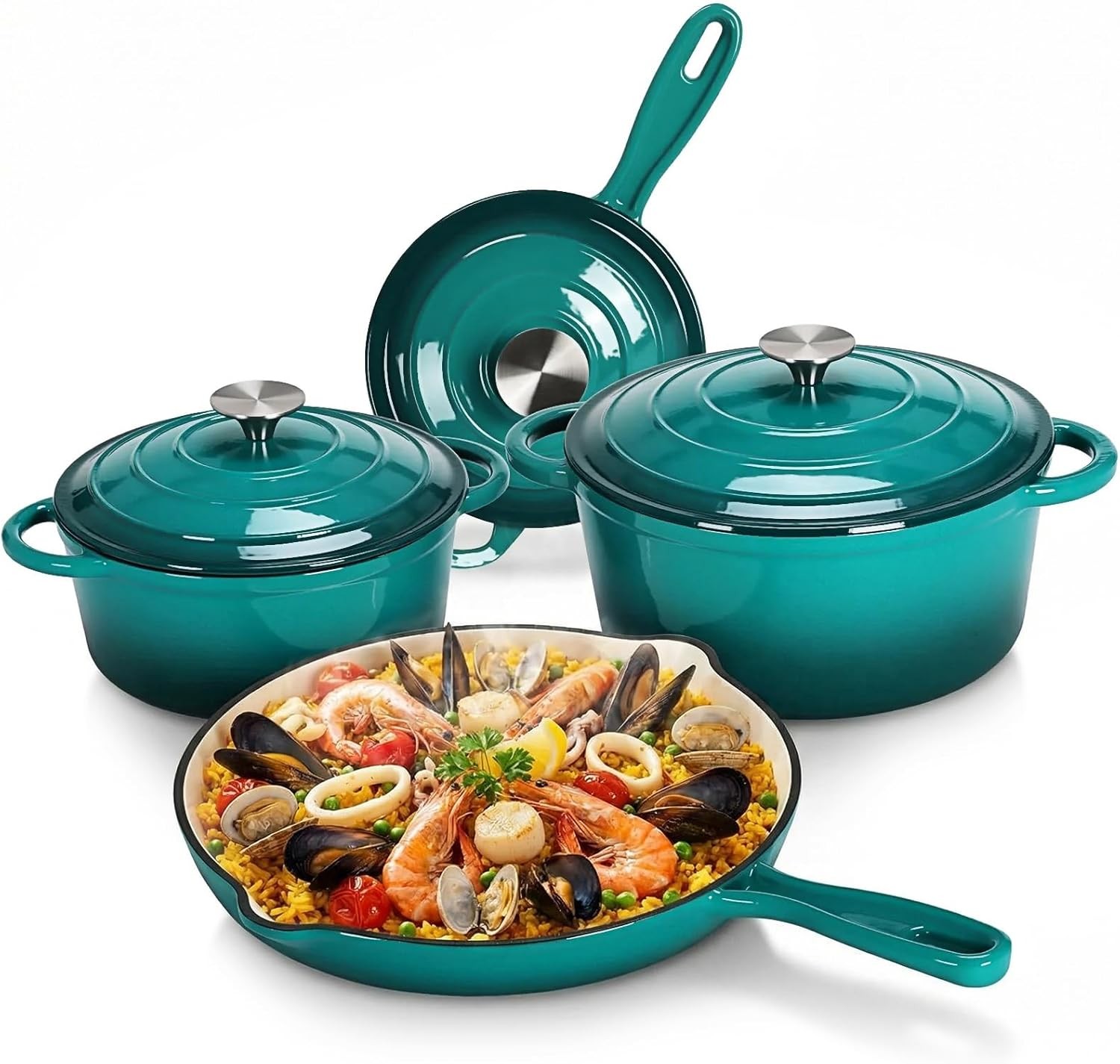 Nonstick Enameled Cast Iron Cookware Set,7Pcs Dutch Oven Set,PFOA & PFAS Free