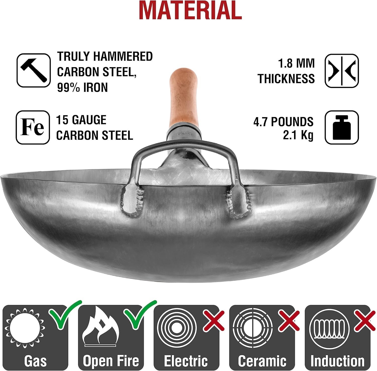 YOSUKATA 14” Round Bottom Carbon Steel Woks and Stir Fry Pans – Unseasoned Pow