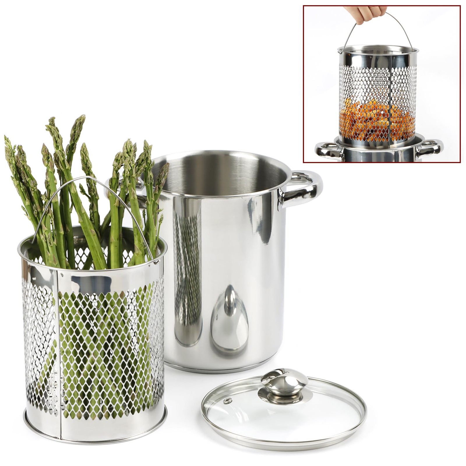 Asparagus Pot Deep Fryer Pot, Stainless Steel Steam Cooker with Basket and Li…