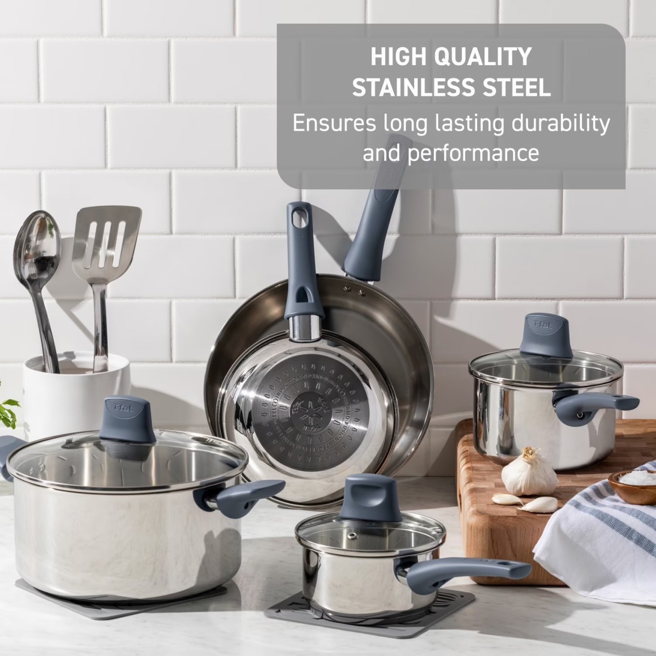T-fal Daily Cook Stainless Steel, 12 Piece Pots and Pans Cookware Set,Ocean Blue