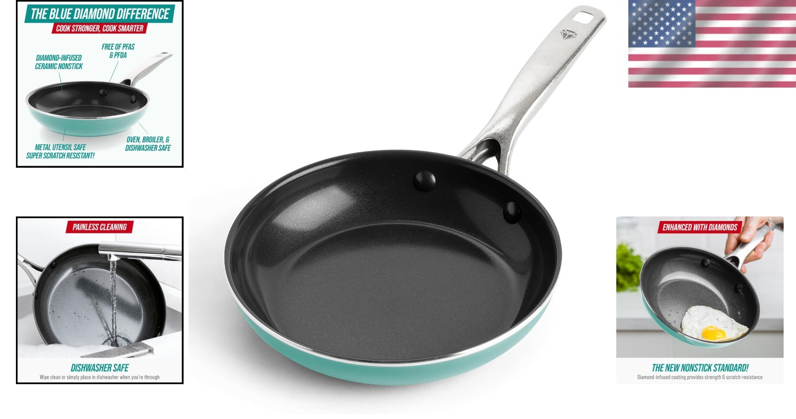 8″ Diamond-Infused Ceramic Nonstick Frying Pan – PFAS-Free, Stylish Turquoise