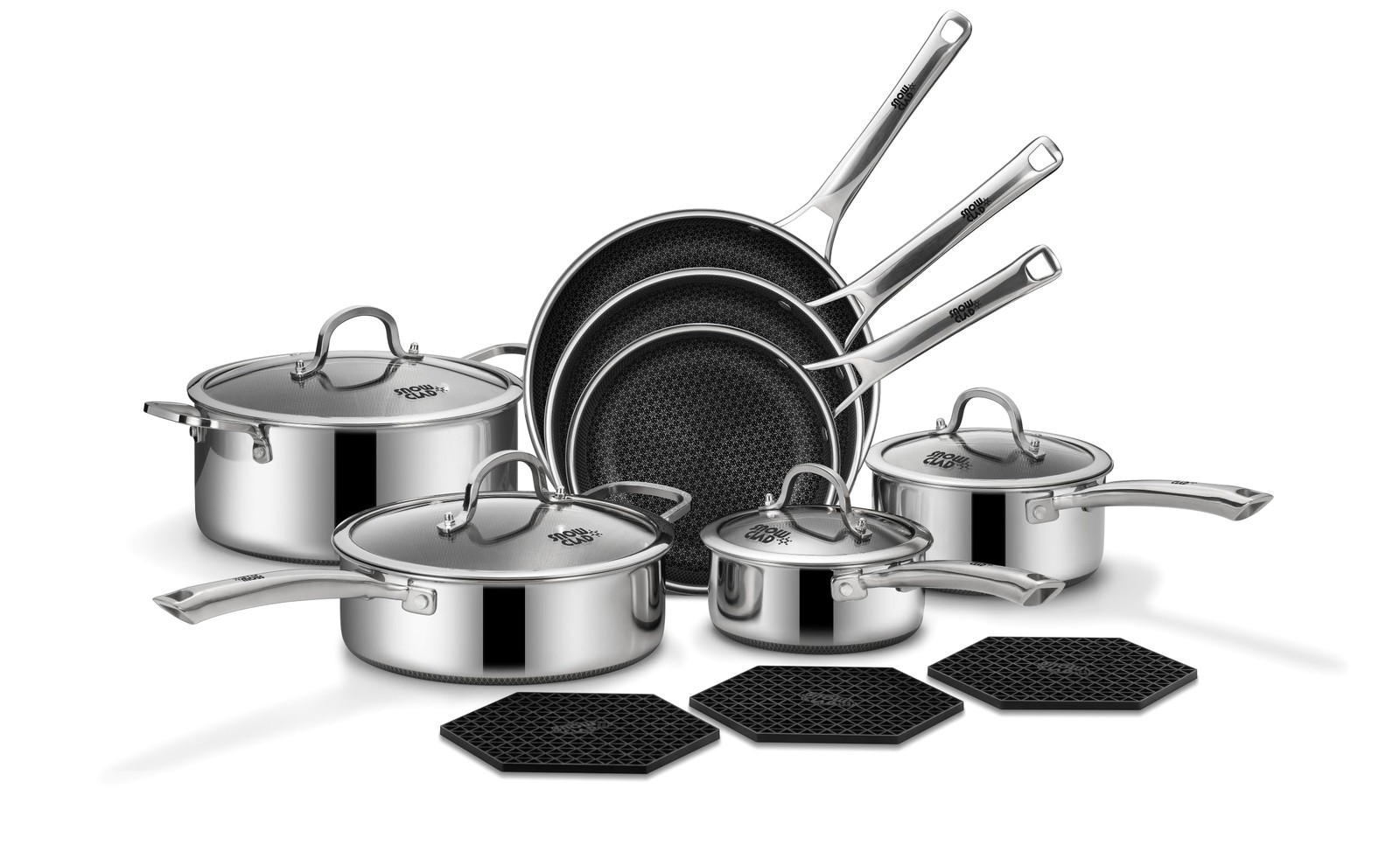 SNOWCLAD Pots and Pans Set Non Stick, 14 Pcs Hybrid Stainless Steel Cookware Set