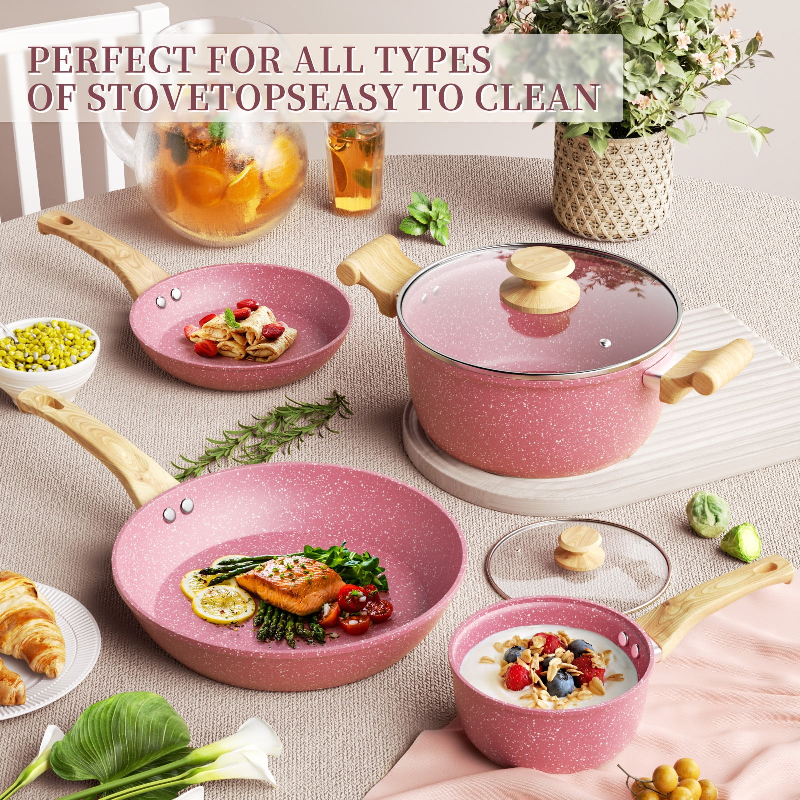 8 Pcs Pink Nonstick Cookware Set Granite Stone Kitchen Frying Pan Set Cookware w