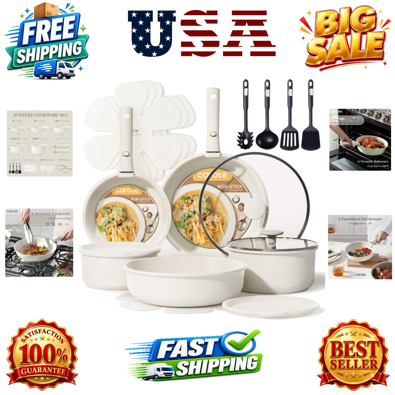19pcs Pots and Pans Set, Nonstick Cookware Set Detachable Handle, Induction K…