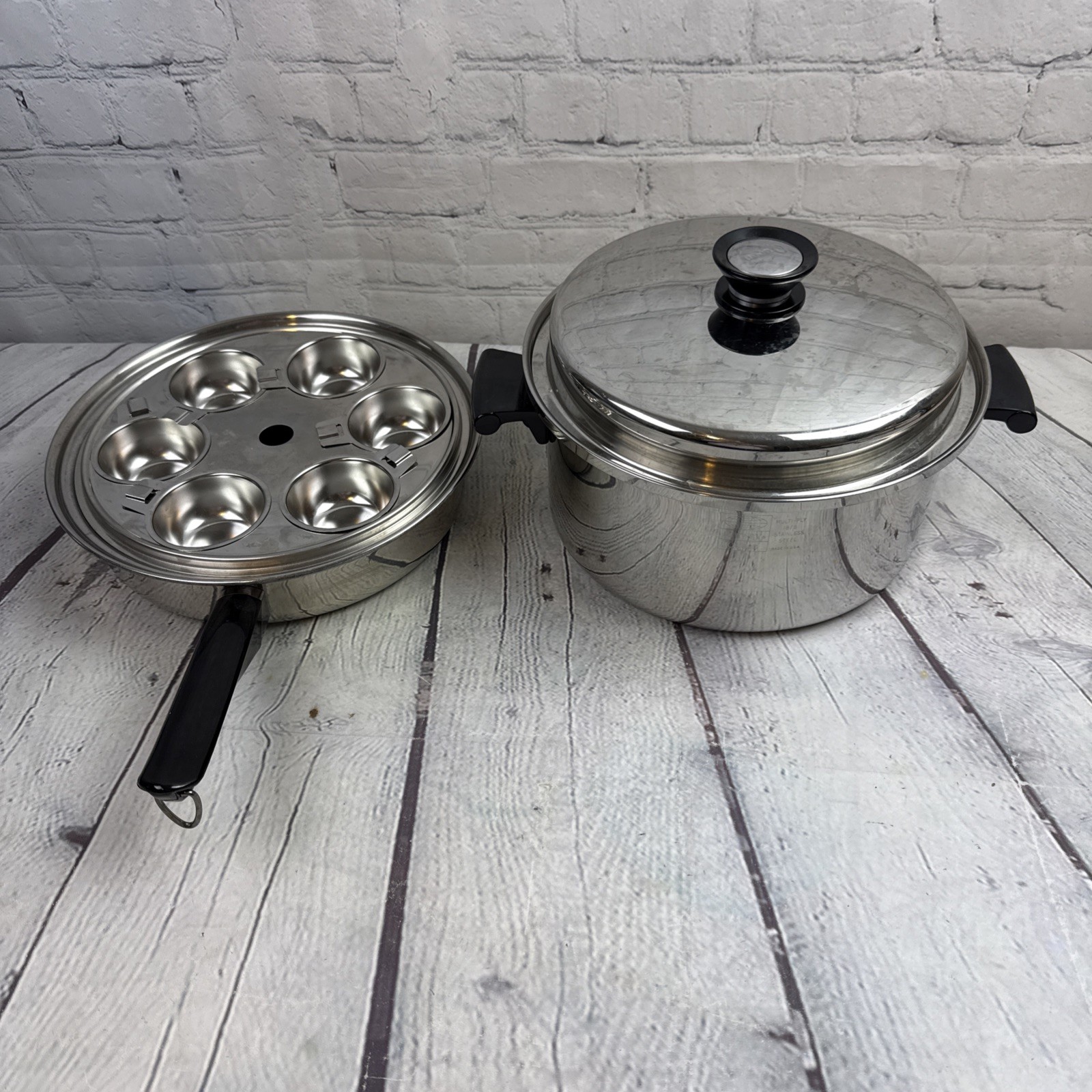 11″ Kitchen Queen Stainless Steel Pan Skillet w Lid & Egg Poacher 6 Qt USA