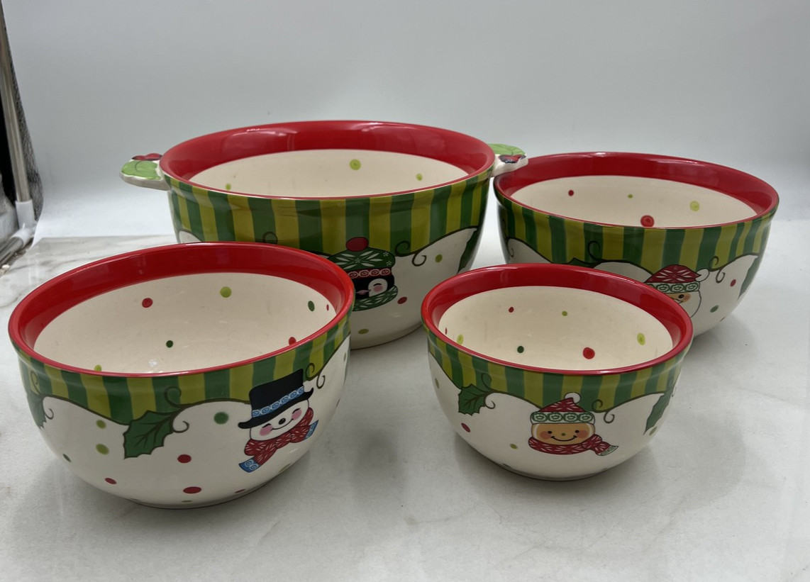 Temp-tations Winter Whimsy Nesting Mixing Bowl Set Holiday Snowman Santa Penguin