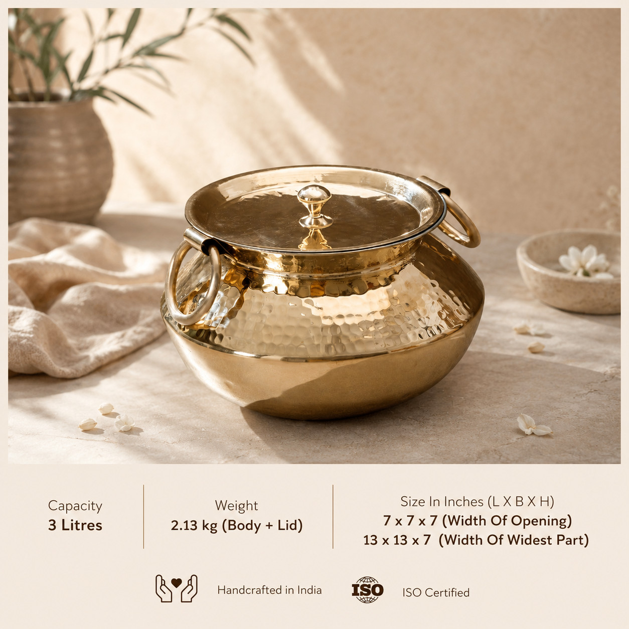 Copper Madurai Handi Tin Coated with Lid 100% Pure Copper Degchi Teflon