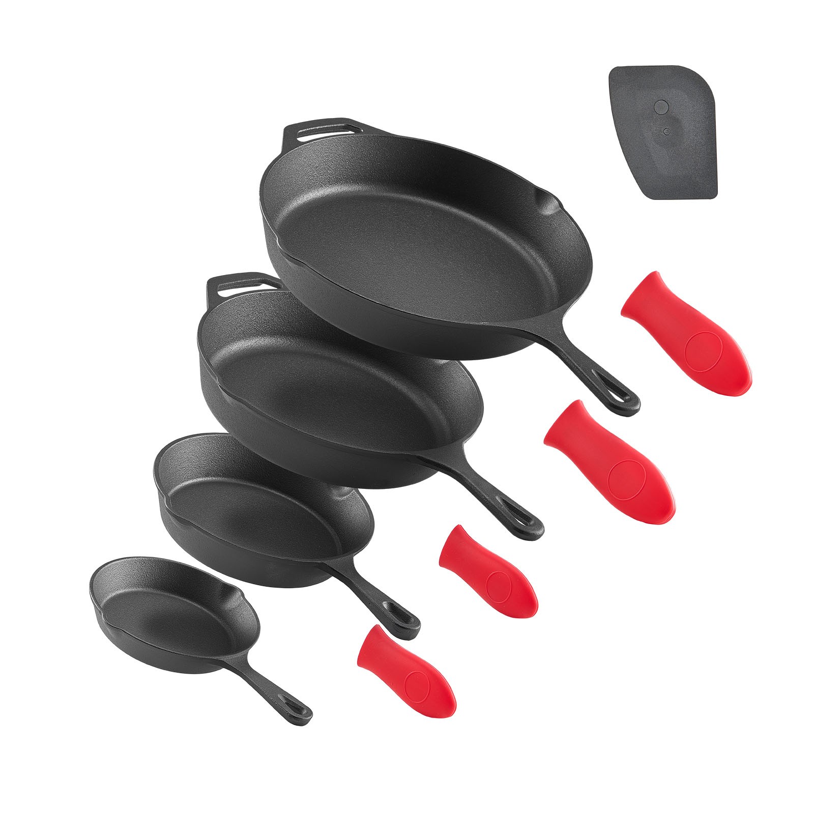 VEVOR 4 Piece Cast Iron Skillet Frying Pan Set 6 8 10 12 in with Silicone Handle