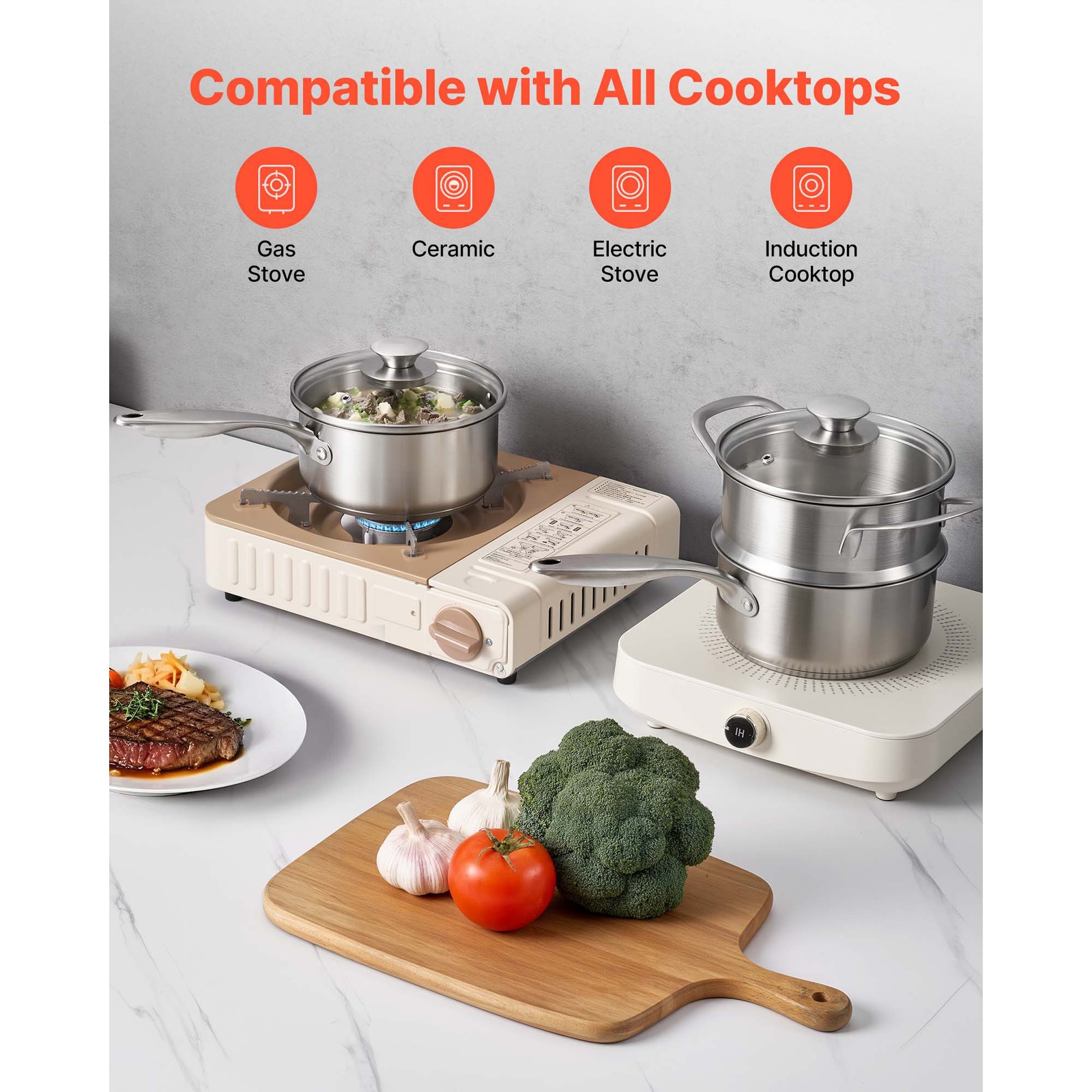 Uimoso 1.5 QT Stainless Steel Saucepan with Steamer and Glass Lid