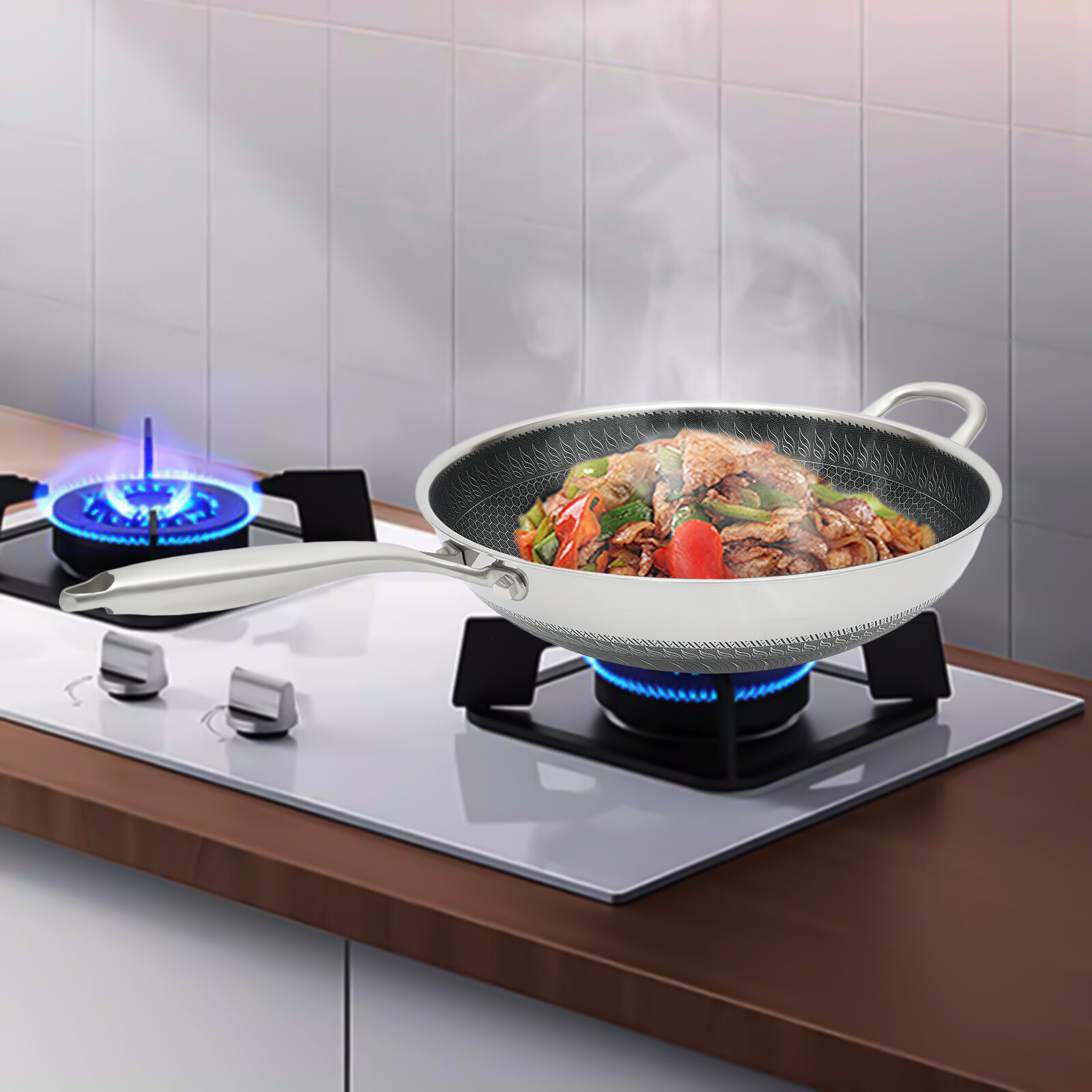 Non Stick Double Sided Honeycomb Cooking Frying Wok Pan with Lid Stainless Steel