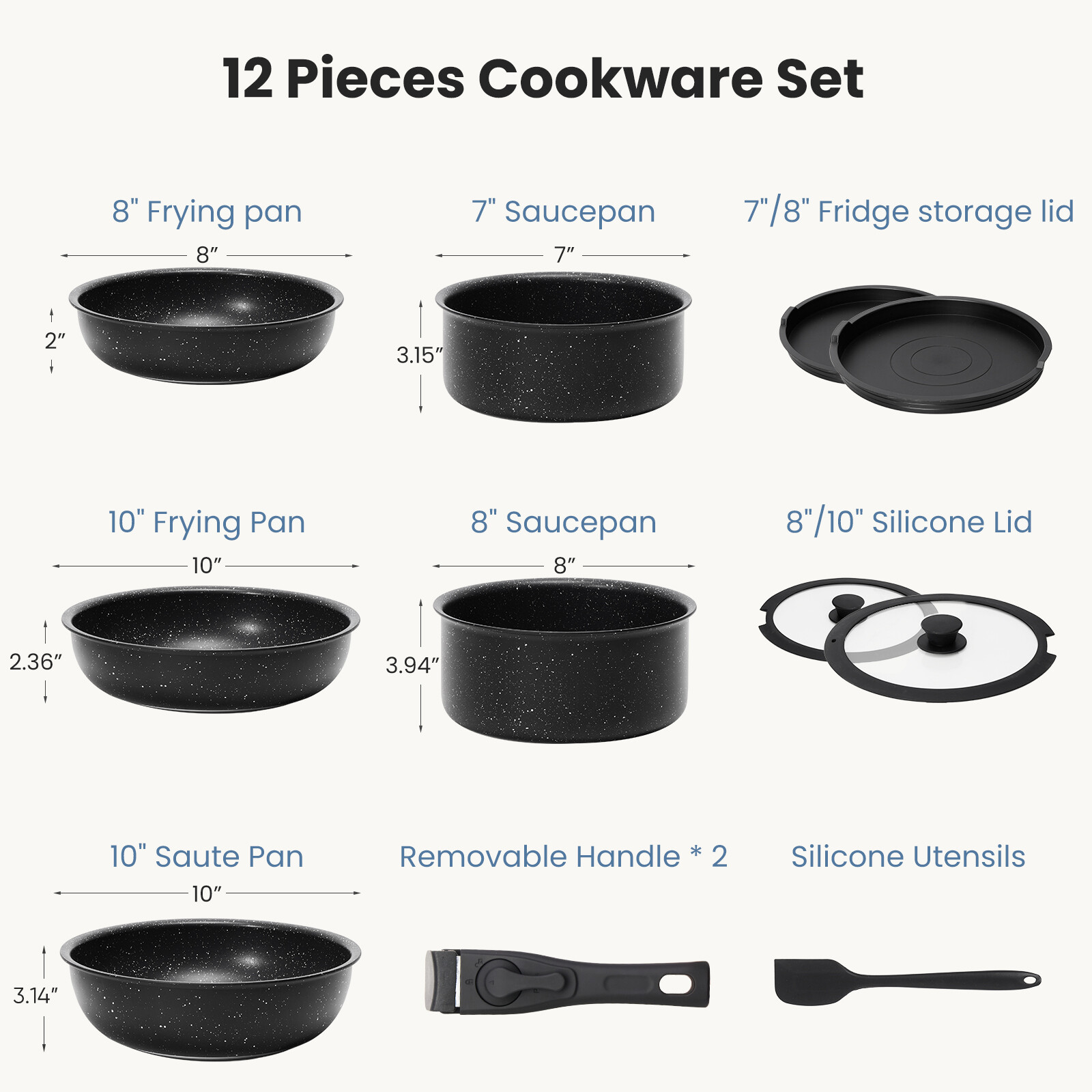 12pcs/set Non-Stick Pots Cookware w/Detachable Handle,Kitchen Pots and Pans Set