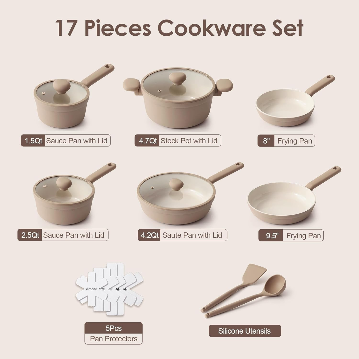 Ceramic Nonstick Pots and Pans Set 17Pcs Healthy Cookware Taupe