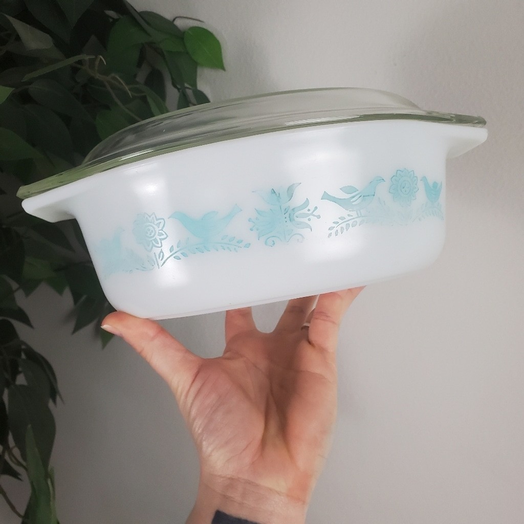 Pyrex Bluebird Oval Casserole 1.5qt Glass Lid – Turquoise & White 043