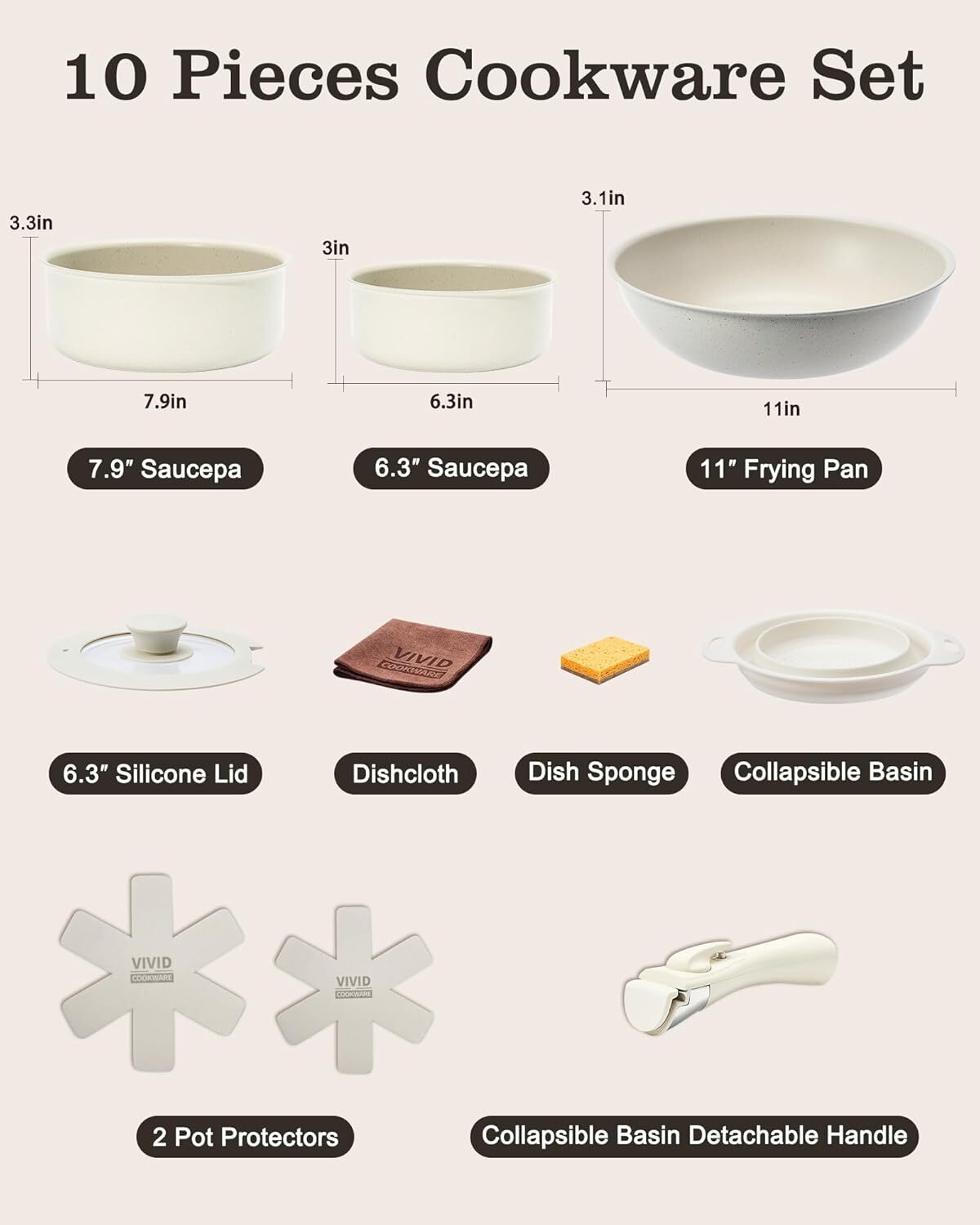 10pcs Sauce Pan Set, Nonstick 1.5Qt & 2.8 Qt Pots with Removable Handles, 11inch