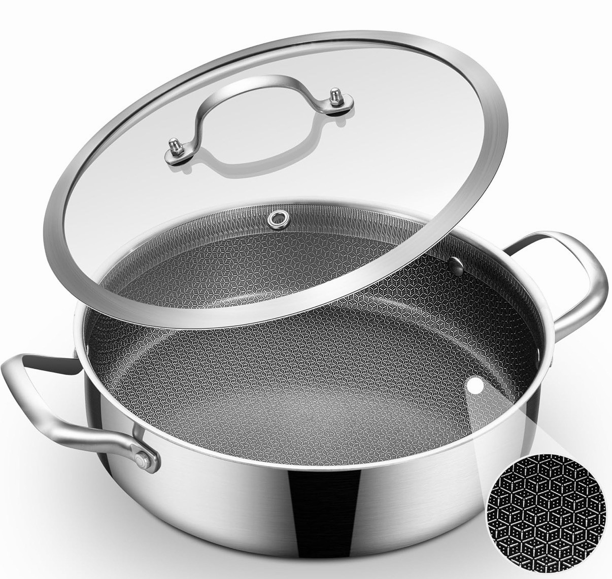 5 QT Hybrid Nonstick Saute Pan with Lid, Tri-Ply Stainless Steel Deep Frying …