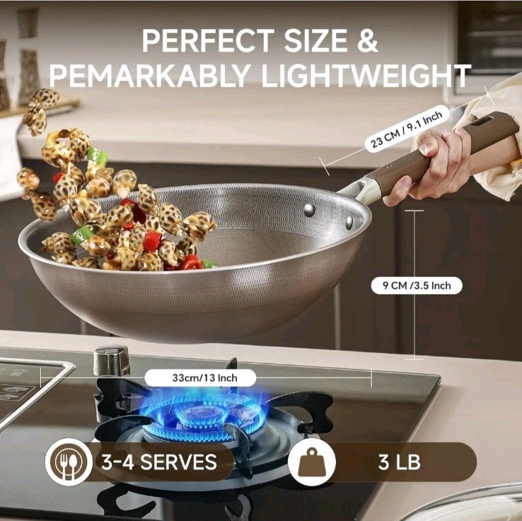 13 Inch Titanium Wok Pan w/ Lid Non Stick Frying Pan, Extended Cool-Touch Handle