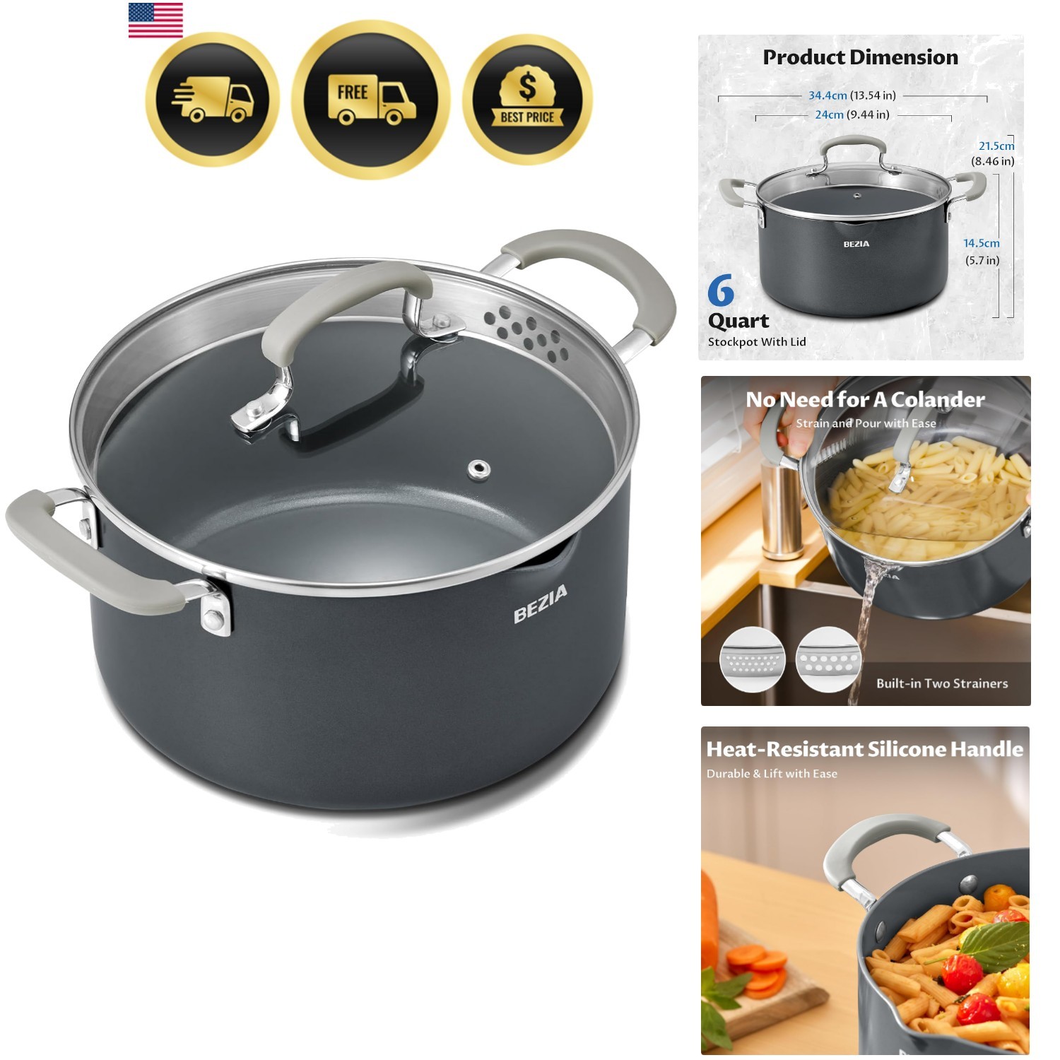 6 Quart Ceramic Non Stick Stock Pot with Strainer Lid & Pour Spout | PFAS-Fre…